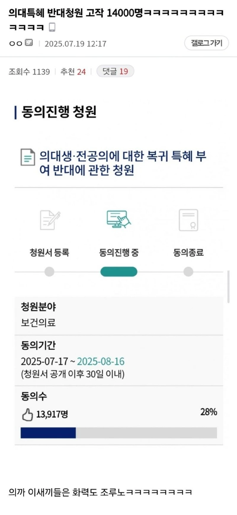 의대특혜 반대청원 15000명 돌파