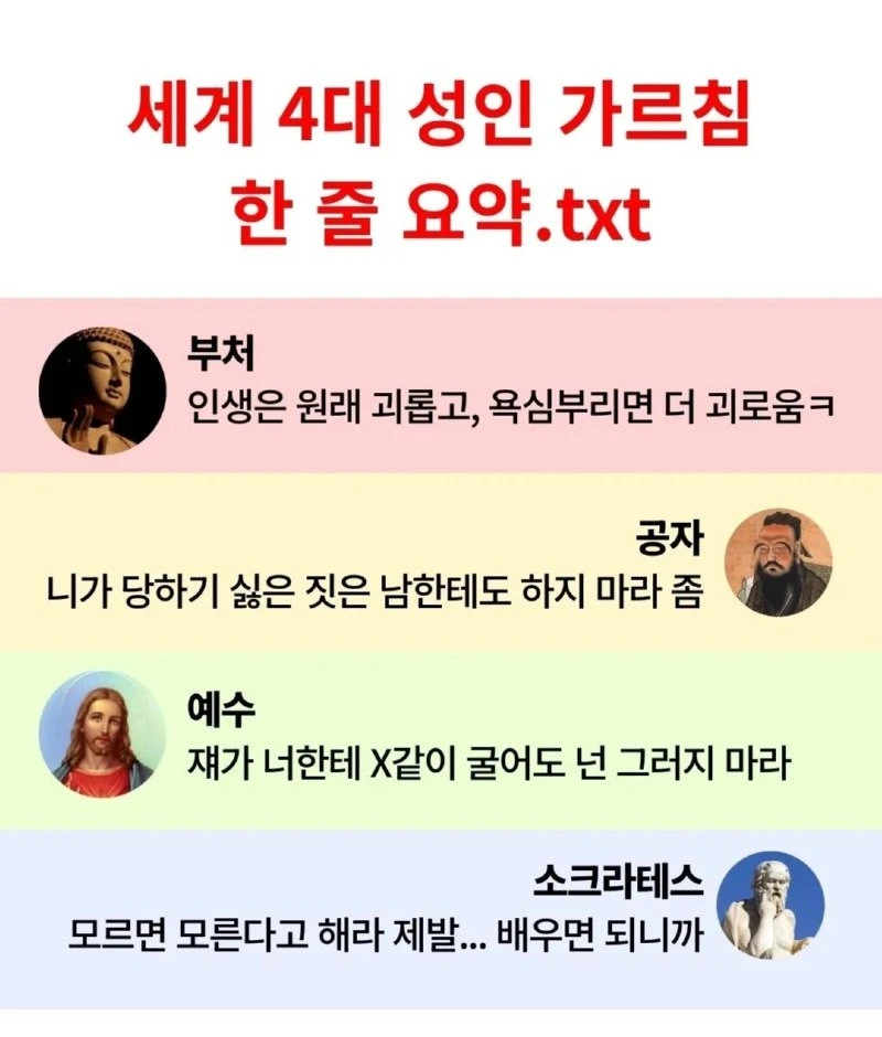 4대 성인 가르침 한 줄 요약